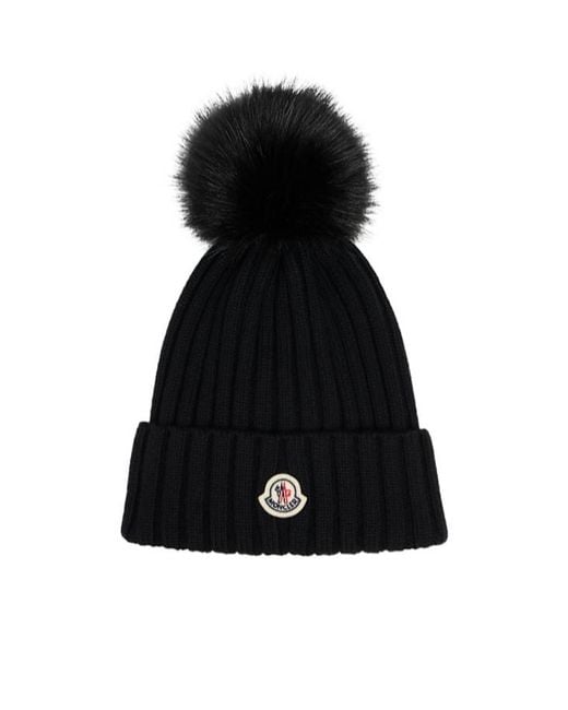 Moncler Black Logo Virgin Wool Pom Pom Beanie