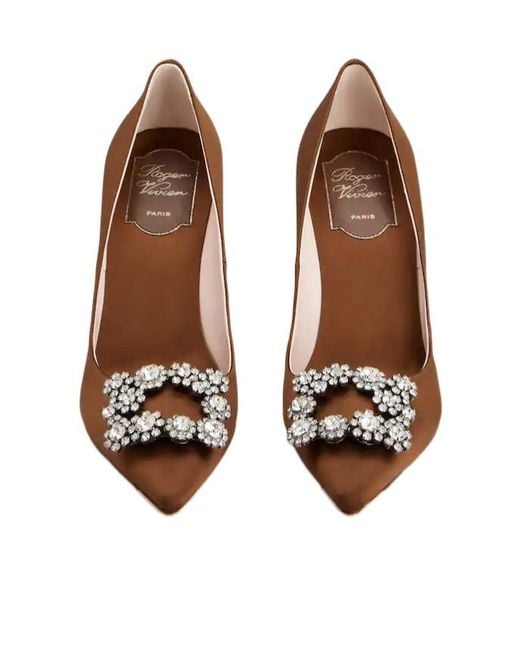 Roger Vivier Brown Flower Strass Buckle Pumps