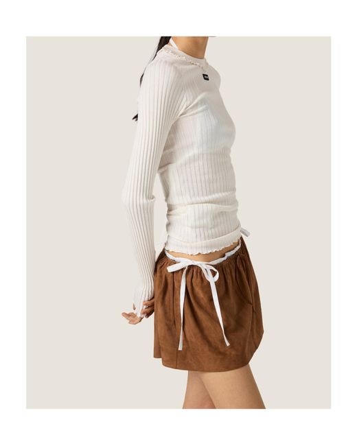Miu Miu White Long-Sleeved Ribbed T-Shirt