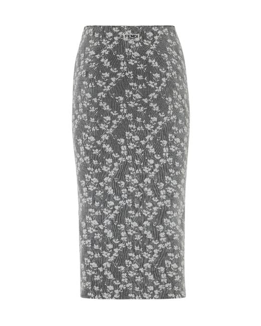 Fendi Gray Floral Motif Layered Effect Midi Skirt