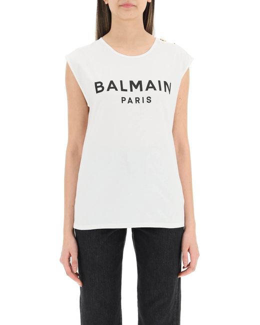 Balmain White Button-Detail Logo-Print Tank Top