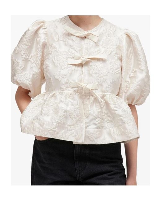 Ganni White Satin Peplum Tie Blouse