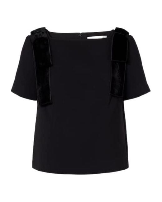 Carolina Herrera Black Bow-Detail Velvet-Trimmed Crêpe Top