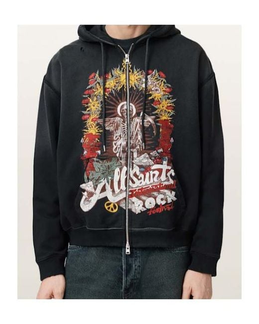 AllSaints Black Roque Graphic-Print Hoodie for men