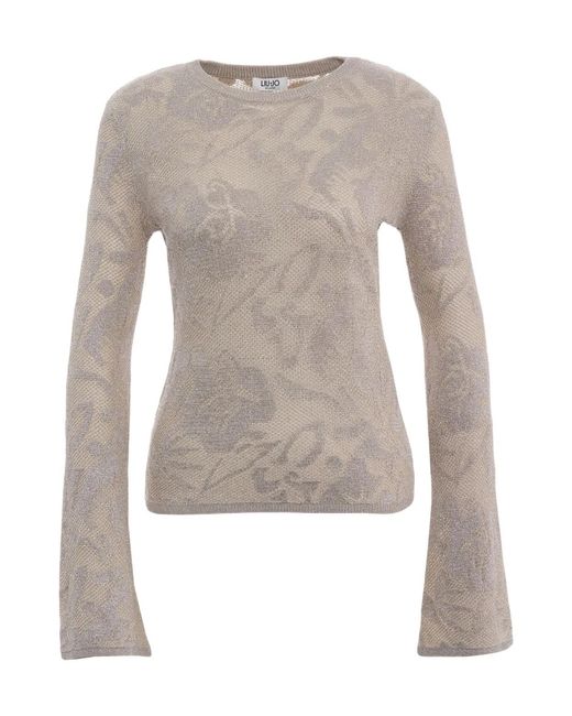 Liu Jo Gray Floral-Jacquard Crewneck Jumper