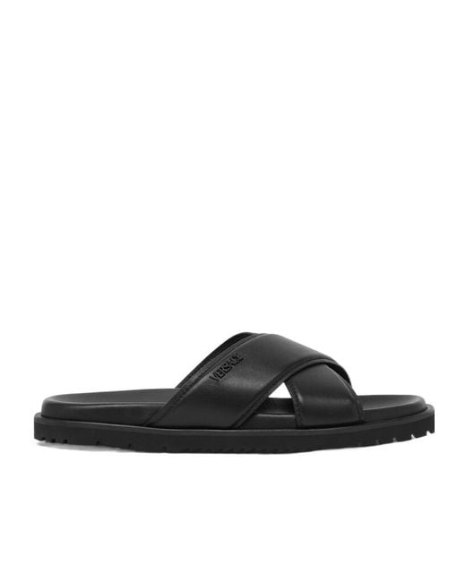 Versace Black Logo-Lettering Open-Toe Slides for men