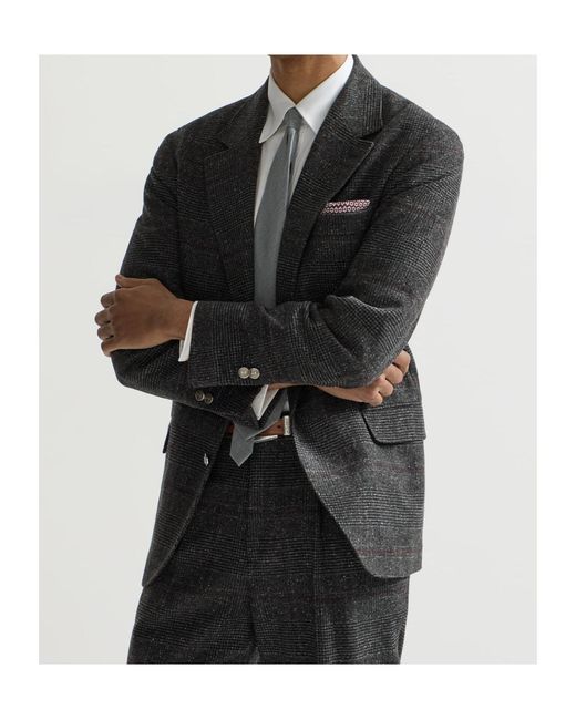 Brunello Cucinelli Black Silk, Wool And Cashmere Prince Of Wales Flannel Deconstructed Blazer for men