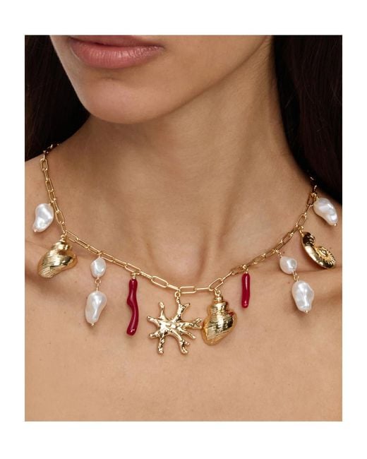 Self-Portrait Metallic Coral Pearl Charm Necklace