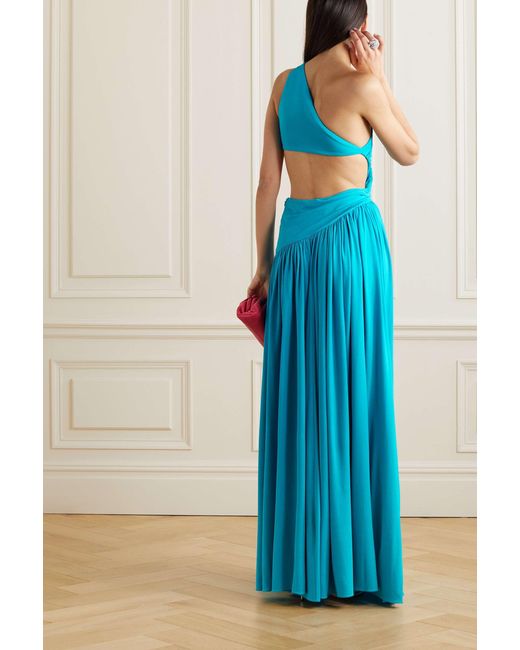 Michael Kors Blue One-shoulder Cutout Gathered Jersey Gown