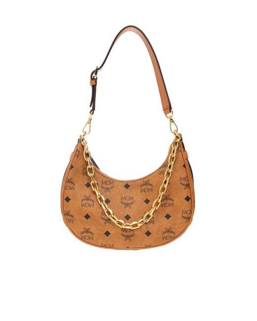 MCM White Aren Crescent Zipped Small Shoulder Bag