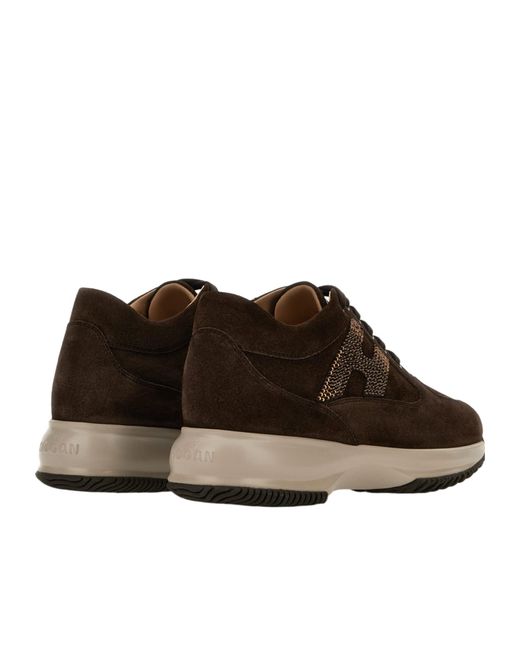 Hogan Brown Crystal-Embellished Suede Sneakers