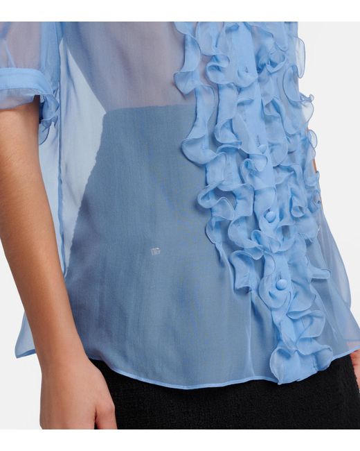 Dolce & Gabbana Blue Ruffled Semi-Sheer Silk Blouse