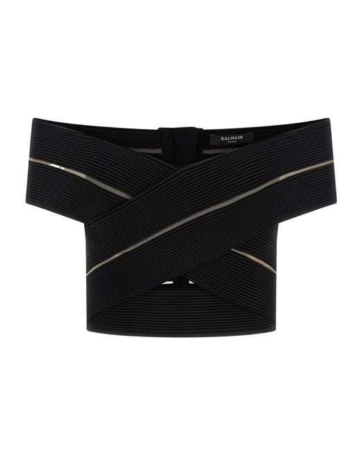 Balmain Black Off-The-Shoulder Cropped Top
