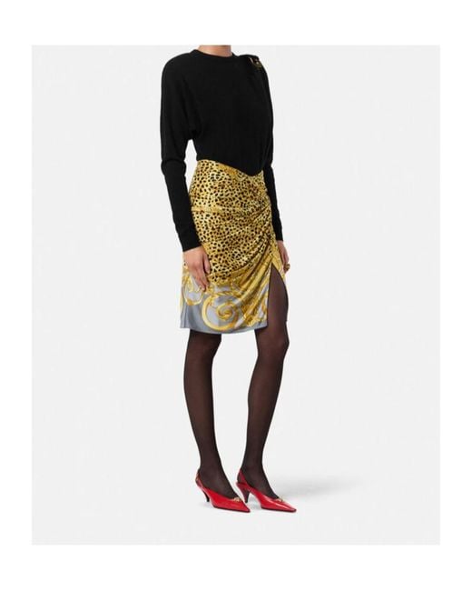 Versace Metallic Cheetah Foulard Draped Midi Skirt