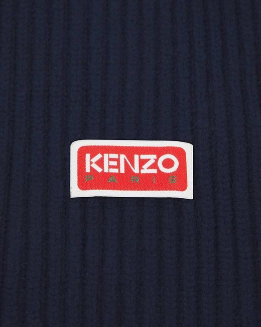 KENZO Blue Logo Patch Ribbed-Knit Scarf for men