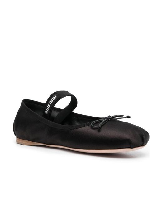 Miu Miu Black Bow-Detail Satin Ballerina Shoes