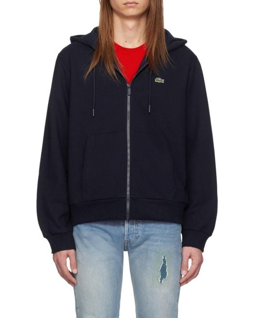 Lacoste Blue Logo Patch Zip-Up Drawstring Hoodie for men