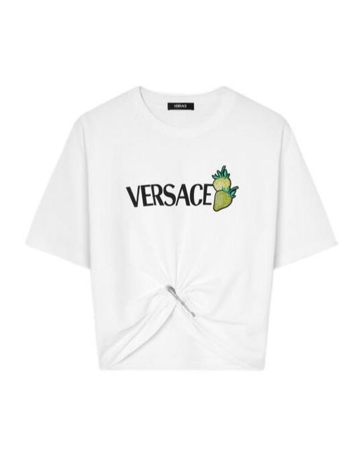 Versace White Strawberry-Motif Safety-Pin Detailed T-Shirt