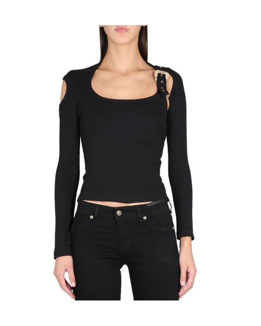 Versace Jeans Black Baroque Buckle Ribbed Cut-Out Top