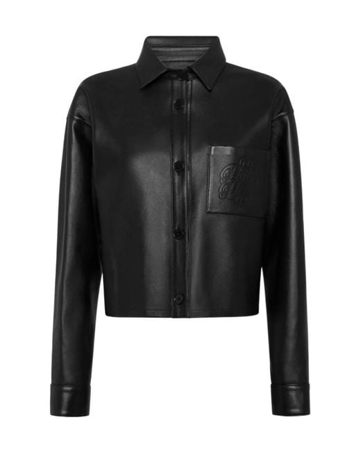 Philipp Plein Black Leather Cropped Shirt
