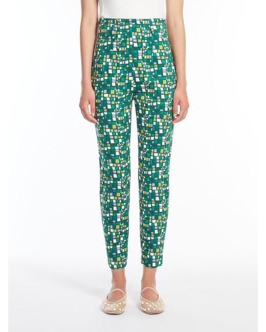 Weekend by Maxmara Printed Stretch Cotton Trousers in Green