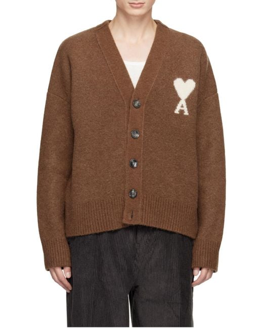 AMI Brown Ami De Coeur Knitted Cardigan for men