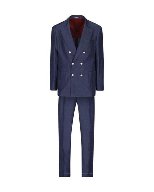 Brunello Cucinelli Blue Double-Breasted Suit for men
