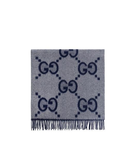 Gucci Blue Gg Jacquard Fringed Scarf for men