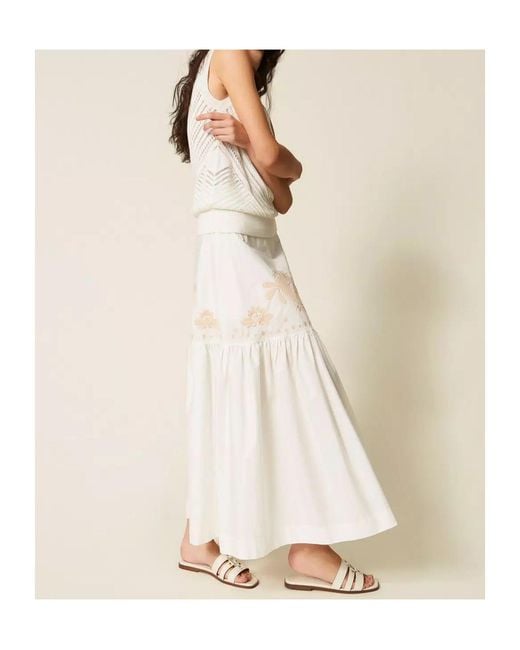 Twinset White Floral-Embroidered Tiered Skirt