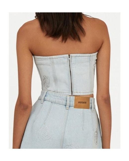 ROTATE BIRGER CHRISTENSEN Blue Denim Cropped Embellished Top