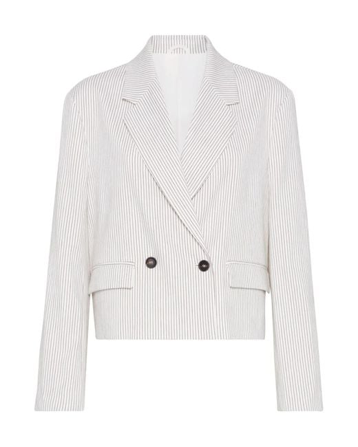 Brunello Cucinelli White Pinstriped Double-Breasted Blazer