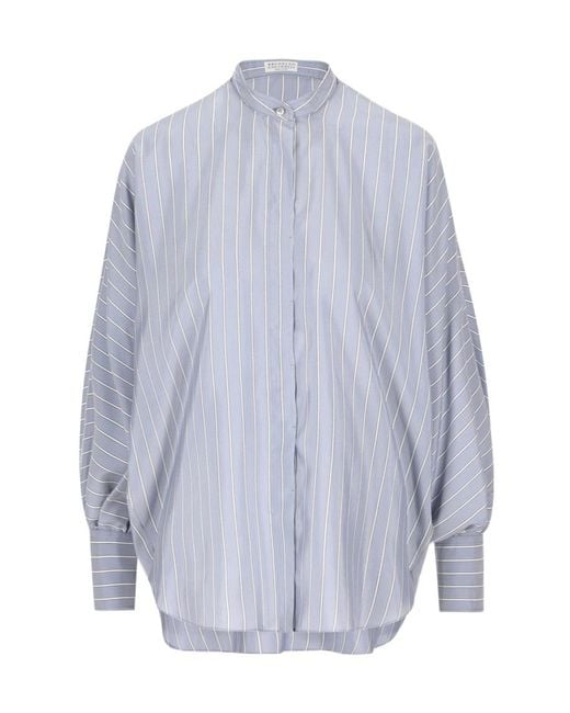 Brunello Cucinelli Blue Striped Buttoned Shirt