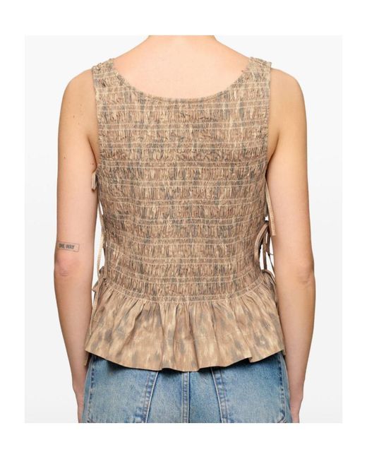 Ganni Natural Smocked Tie-Detail Top