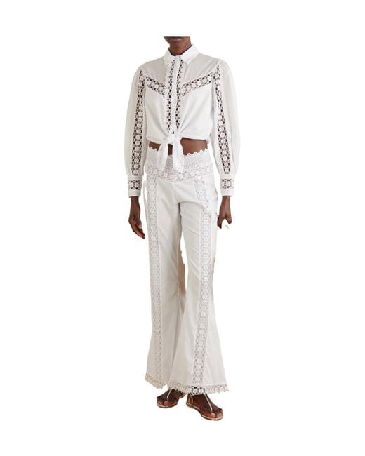 Charo Ruiz White Vianora Lace-Trimmed Flared Trousers