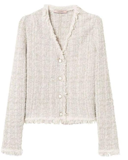 Twinset White V-Neck Tweed Lurex Jacket