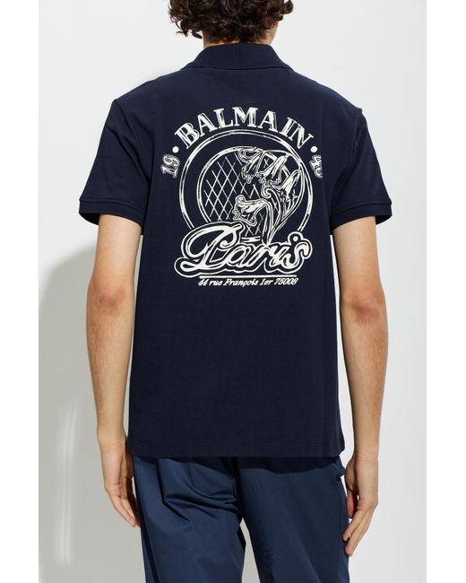 Balmain Blue Logo-Print Cotton Polo Shirt for men
