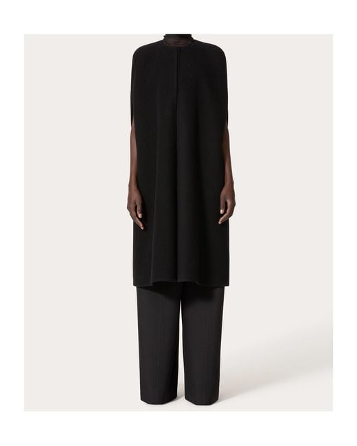Valentino Black Straight Hem Crewneck Cape Coat