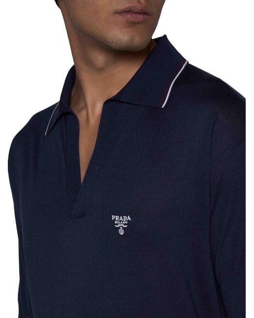 Prada Blue Logo Embroidered Short-Sleeved Knitted Polo Shirt for men