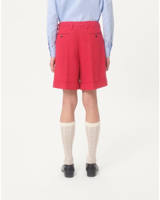 Valentino Red Cuffed Linen Bermuda Shorts for men