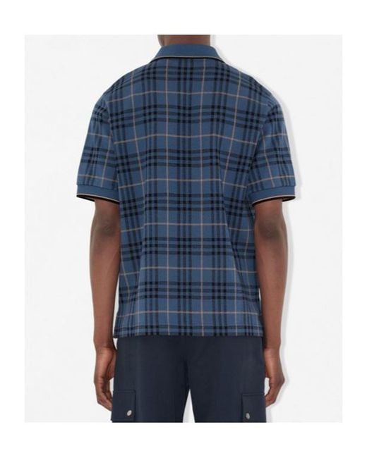 Burberry Blue Cotton Check Polo Shirt for men