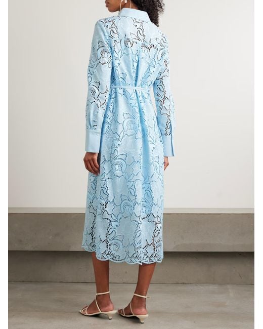 Erdem Blue Tie-Waist Madeira Embroidered Shirt Dress