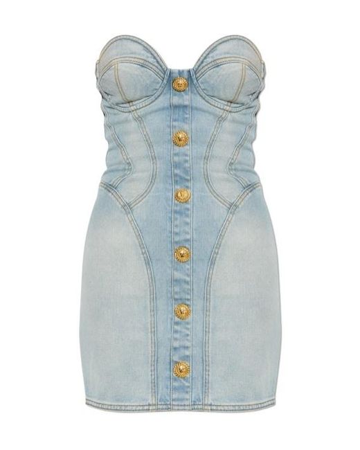 Balmain Blue Strapless Button Detailed Denim Dress