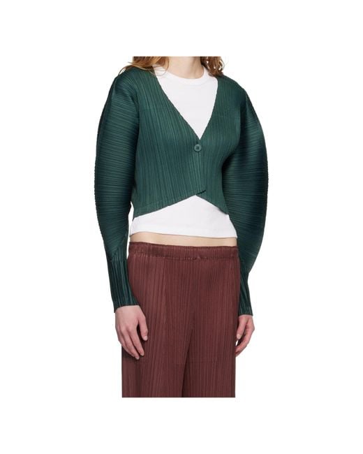 Pleats Please Issey Miyake Green Pleated V-Neck Top