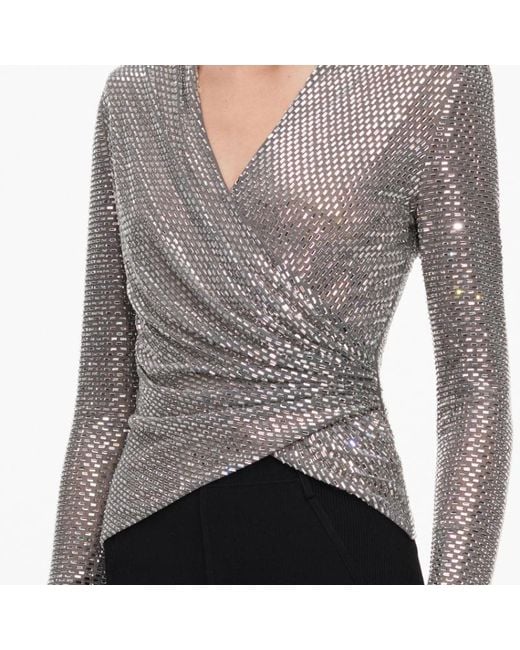 Self-Portrait Gray Rhinestone Mesh Wrap Top