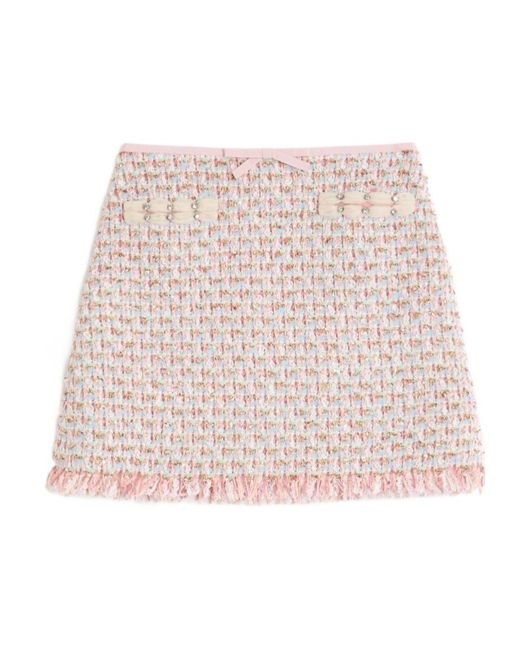Valentino Natural Bow Detailed Frayed Hem Tweed Skirt