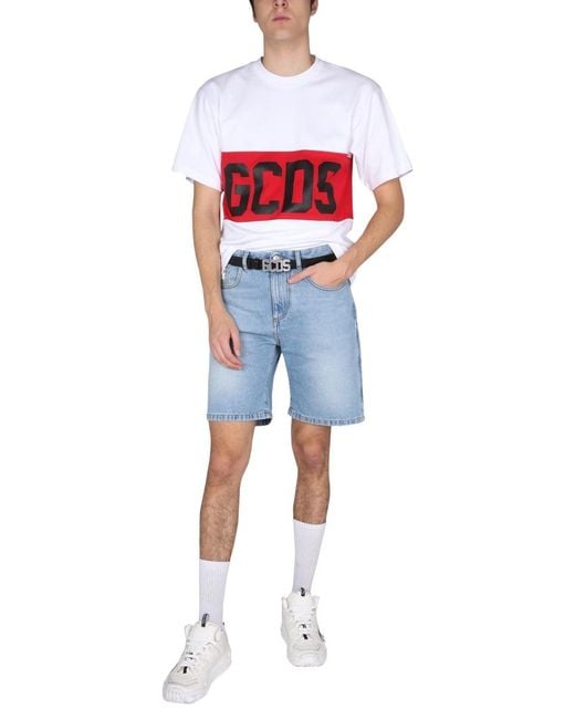Gcds Blue Logo Patch Denim Shorts for men