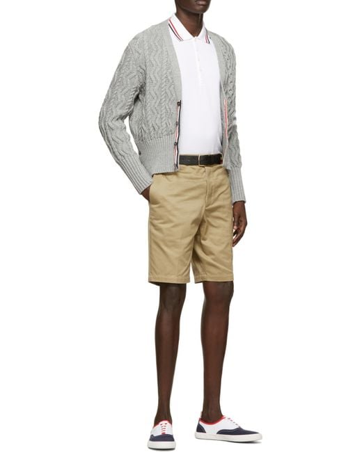 Thom Browne Gray 4-Bar Aran Cable Knit Cardigan for men