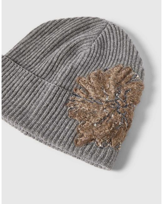 Brunello Cucinelli Gray Cashmere Ribbed Beanie With Whispering Bloom Embroidery