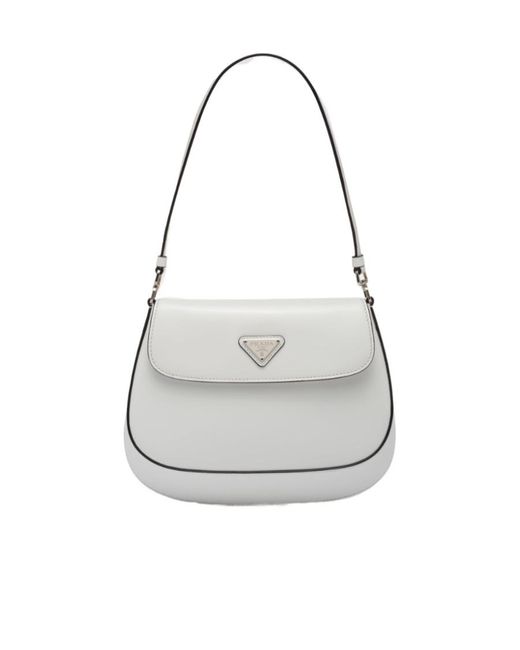Prada White Cleo Brushed Leather Shoulder Bag With Flap