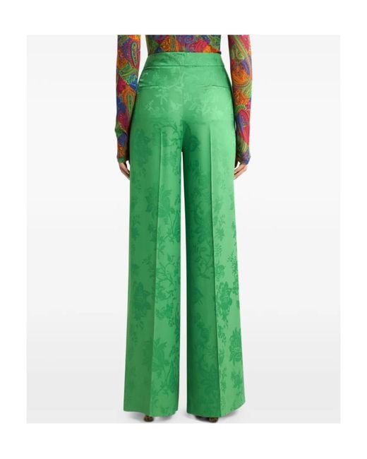 Etro Green Wide-Leg Jacquard Trousers With Floral Motif